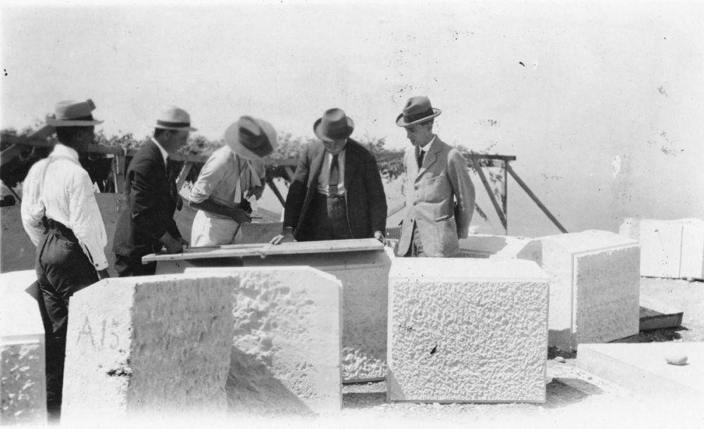 Group looking at plans of the Chunuk Bair memorial, circa 1918. 